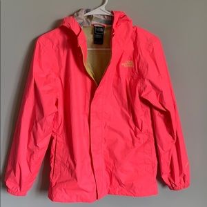 North face neon coral and yellow girls rain jacket